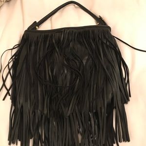 Black leather fringe bag